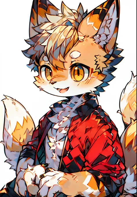 eyes with brightness,Bust photo of the character,Q version，头像框， Character focus，独奏, shaggy, Furry male cat, Yellow fur for men, red color eyes, Loli style，Little cute， Will sell moe，Wear black clothes and pants，fox tails，fox ear，Fluffy tail，Rich hair，Orang...