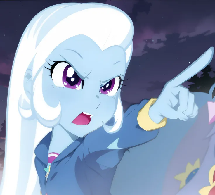 there is a cartoon picture of a woman pointing at something, fim still, equestria, sassy pose, nefarious smirk, mlp, giddy smirk, queen of ice and storm, she has pale blue skin!!!, anthropomorphic mare, but a stern look about her, angry and pointing, badas...