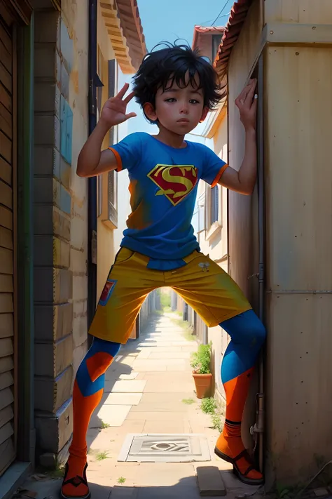 "Create a vibrant image of a child superhero, Jat, que trabalha como pintor de paredes. Ele usa um traje azul ,white and orange with a J symbol on the chest. Fazendo uma pose heroica, ele segura um rolo de pintura residencial como sua arma.The backdrop dep...