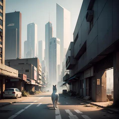 Deserted cyberpunk cityscape、One beautiful white cat crosses the road