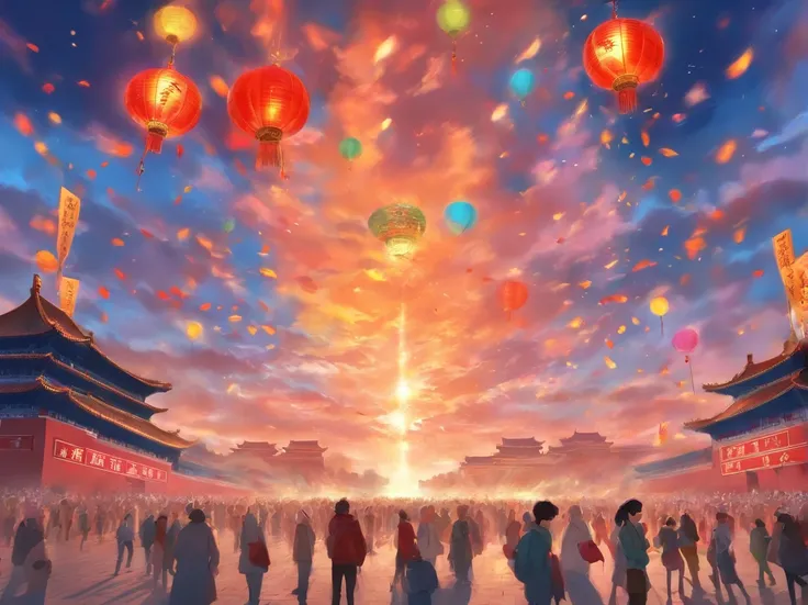 oil painted，Love and blessings to the country，National history and culture，Joy and vitality，the Peoples Republic of China，Tiananmen square, beijing，Celebrate National Day,Mid-Autumn Festival，The moon is on it，Tiananmen Square is in the middle