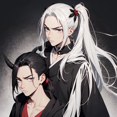 Young man with long white hair pinned behind his head with a ponytail,usando um haori preto com caveiras brancas nele, carregando uma nodachi de bainha preta,With a serious face we trace Kimetsu no Yaiba