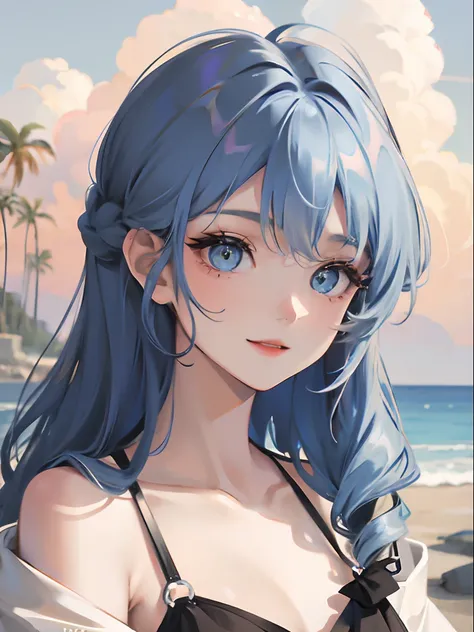 Silver hair with blue gradient at tips、a beauty girl、girl with、waist-up、Curly hair、Curled tip hair、Vertical hair roll、Beautiful girl with fair skin、sixteen years old、happily face、Have flowers、high-level image quality、Warm Yang、Smiling woman at seaside、Town...