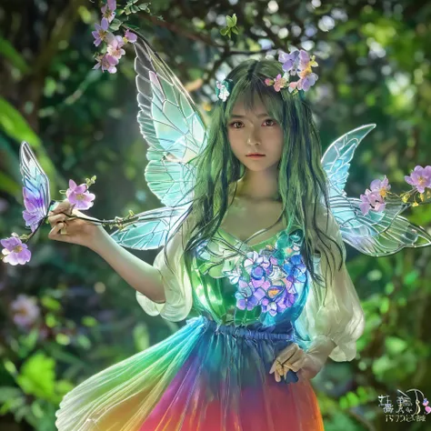 gradient eyes, the woods，night moon，mini cute 3 year old flower fairy, a slender、ring，skirt made of petals，huge flowers，colorful...