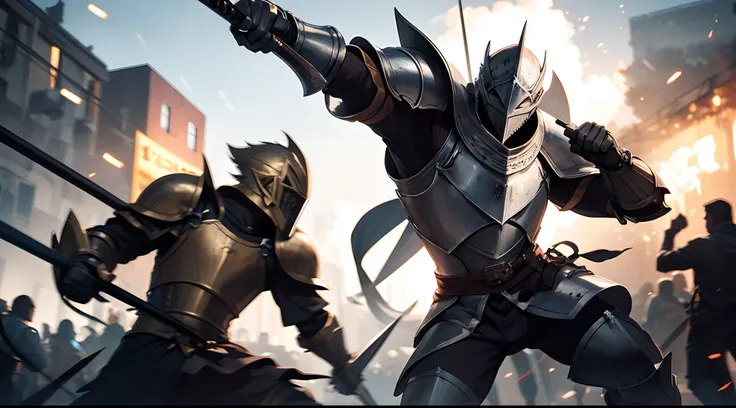 Knight swinging his Zweihander ferociously. Explosions in the background, blurred background, bokeh