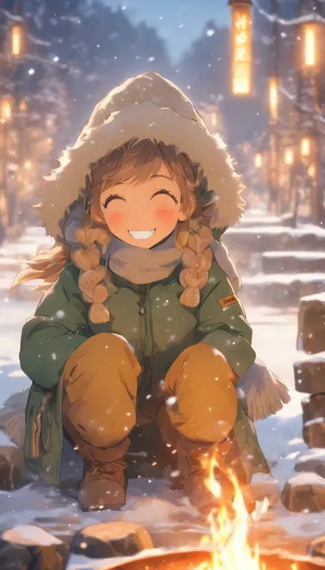 Girl in down jacket camps by the river，Snow in winter，The girl dug wood for the fire，Small fire，Girl grilling fish on a small fire，Wearing gloves，wearing a scarf，The girl smiled happily，Childrens Illustration Style，Full body like，Department of Healing