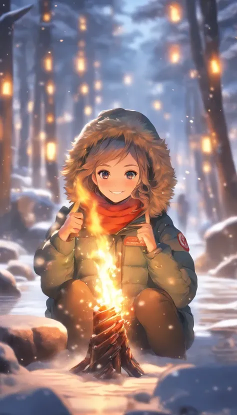 Girl in down jacket camps by the river，Snow in winter，The girl dug wood for the fire，Small fire，Girl grilling fish on a small fire，Wearing gloves，wearing a scarf，The girl smiled happily，Childrens Illustration Style，Full body like，Department of Healing