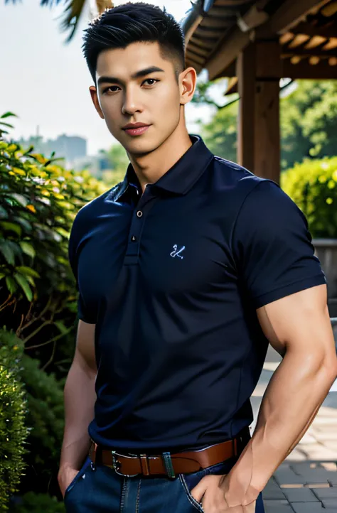 (masterpiece: 1.2),(cgi art:1.3),(realistic:1.5),(post processing:1.3),(crisp focus:1.3),10,1 man, smile, (wear a navy polo shir...