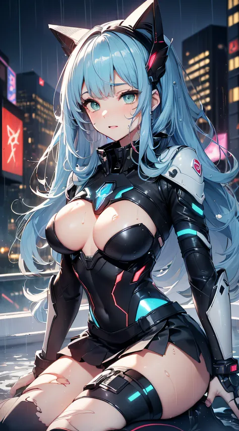 top-quality、Top image quality、​masterpiece、Android Girl((sixteen years old,The whole body is full of wounds、Broken cybersuit glowing black, red and white、Blue energy source for the chest,Best Bust、Bust 90、Light blue shiny hair、Longhaire,Cyber Skirt、Blue-gr...