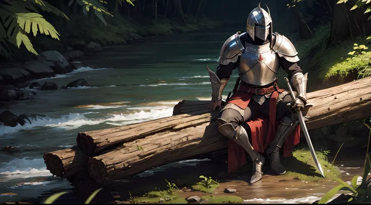 European Knight with a greatsword sitting on a log after a massive war. background filled with corpses