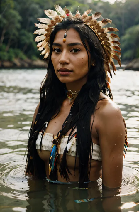 Arafed woman in white dress and headdress in the water, Amazonian Indian peoples in Brazil, portrait of a young pocahontas, wearing a native american choker, photo of a beautiful woman, aztec princess portrait, Portrait de Pocahontas, indian girl with brow...