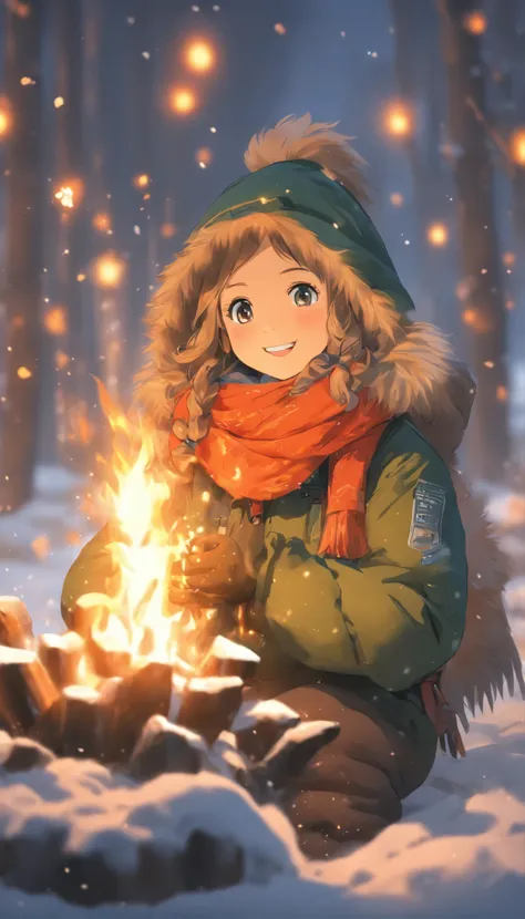 Girl in down jacket camps by the river，Snow in winter，The girl dug wood for the fire，Small fire，Girl grilling fish on a small fire，Wearing gloves，wearing a scarf，The girl smiled happily，Childrens Illustration Style，Full body like，Department of Healing