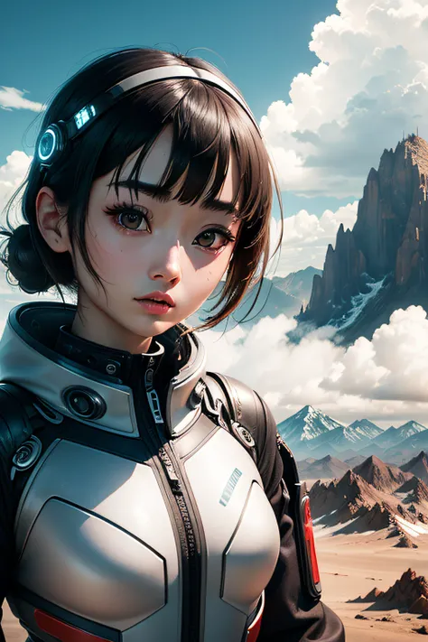 Cute Android Cyborg Woman,Suzu Hirose,mountainscape,Clouds,Alien World