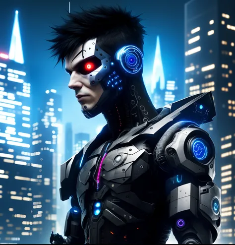 cyber punk, city, 1boy, black hair, black eyes, cyborg