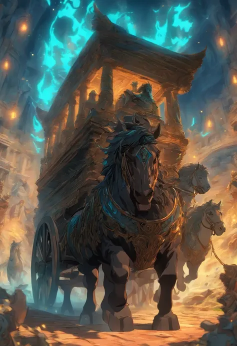 (((chariot )))best quality, very high resolution, 4K detailed CG, master piece,Greek mythology,emerged from the underworld,chariot,black horses,greece,,Greek ruins,garden,roman,cart,cart of the underworld,( (underworld chariot)),Roman mythology,god Pluto,b...