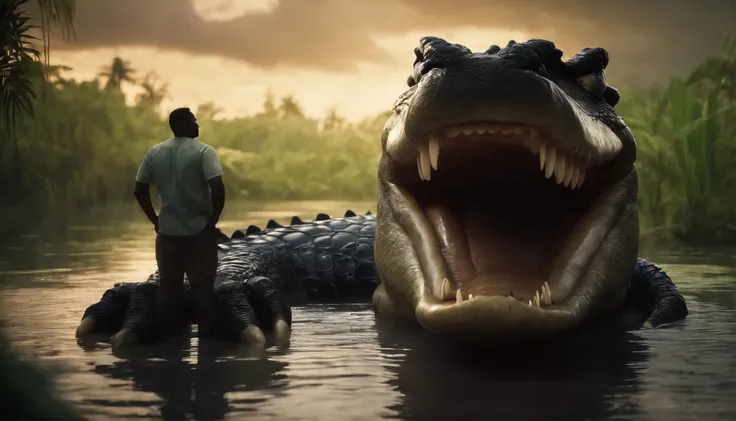 A black fat man in the mouth of a huge alligator, Grown by alligators in a swamp, cartoony, Africa, Jungle