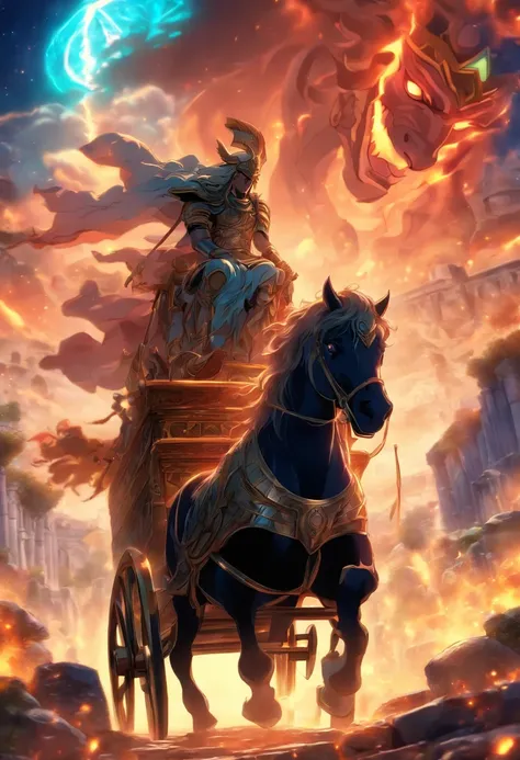 (((chariot )))best quality, very high resolution, 4K detailed CG, master piece,Greek mythology,emerged from the underworld,chariot,two black horses,Greece,,Greek ruins,garden,Roman,cart,cart of the underworld, ((only two horses in the image)),Roman mytholo...