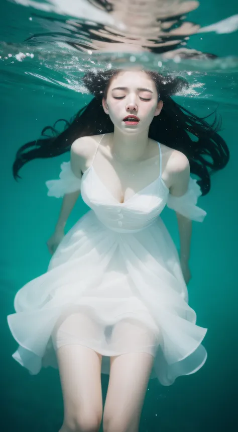 (RAW photo, Best quality), (Realistic, photo-realistic:1.2),High quality,  1girll,full bodyesbian，white dresses，closed eyes,,enjoy,，Under water