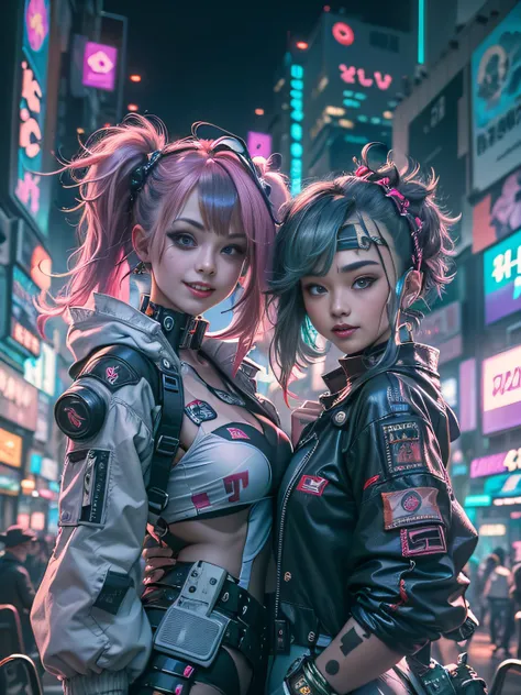 ((2 cyberpunk girls wearing Harajuku Tech costumes), (fisheyelens), self-shot, Cowboy shot, Wind, Messy hair, cyberpunk city landscape, (Aesthetics and atmosphere:1.2),Smiling, Laughing