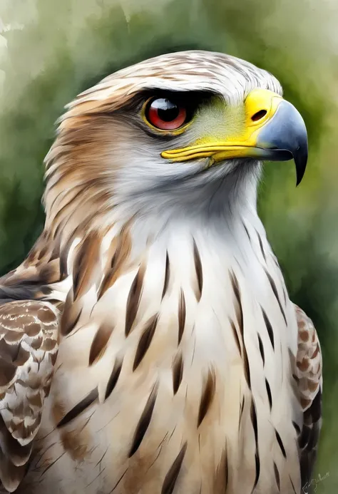 painting of a hawk with a red - tailed tail and yellow eyes, masterful detailed watercolor, watercolor painting style, beautiful painting of a tall, falcon bird face, watercolor detailed art, realistic watercolour, watercolour realistic, watercolor paintin...