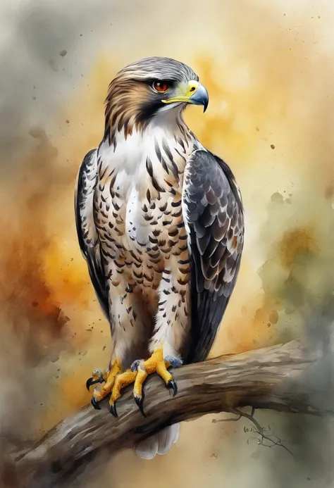 painting of a hawk with a red - tailed tail and yellow eyes, masterful detailed watercolor, watercolor painting style, beautiful painting of a tall, falcon bird face, watercolor detailed art, realistic watercolour, watercolour realistic, watercolor paintin...