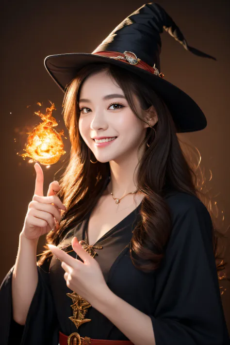 ((Best Quality, 8K, Masterpiece: 1.3)),Sharp: 1.2,Perfect Body Beauty: 1.4,cute girl,Highly detailed face and skin texture,detailed eyes,double eyelids,smile,((fantasy)),((witch)),pointing finger,((using fireball magic)),wide shot