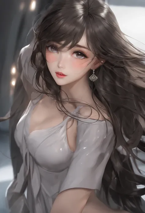 ((Best Quality, 4K, Masterpiece: 1.3)), a pretty girl with perfect figure: 1.4, dark brown hair, medium hair, large breasts, highly detailed facial and skin texture, detailed eyes, double eyelids, fresh skin, high angle, teacher, gray bra, gray pantie, gra...