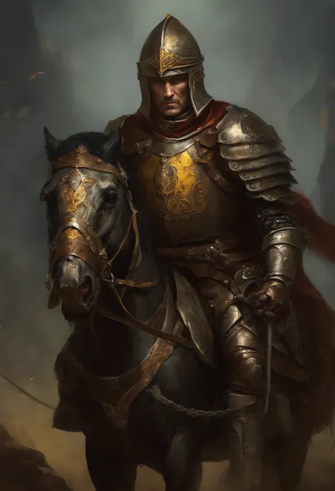 Living dead corpse of a general with medieval armour and holding a gigant Warhammer on his hand. He is mounting a dead horse. This dead corpse wields a ring on his other hand. His eyes are yellow and is searching a fight for killing. Dungeon and dragons, d...