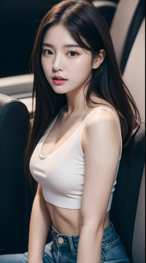 realistic photos of 1 cute Korean star, hair between eyes, white skin, thin makeup, 32 inch breasts size, wearing crop top, pants, sitting in the cinema, close-up portrait, UHD