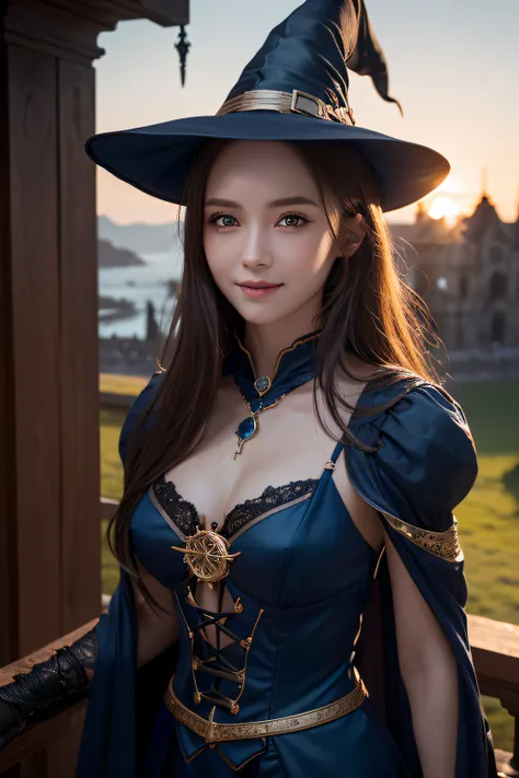 ((Best Quality, 8K, Masterpiece: 1.3)),Sharp: 1.2,Perfect Body Beauty: 1.4,cute girl,Highly detailed face and skin texture,detailed eyes,double eyelids,((fantasy)),((witch)),((circlet)),smile,wide shot,blue hour