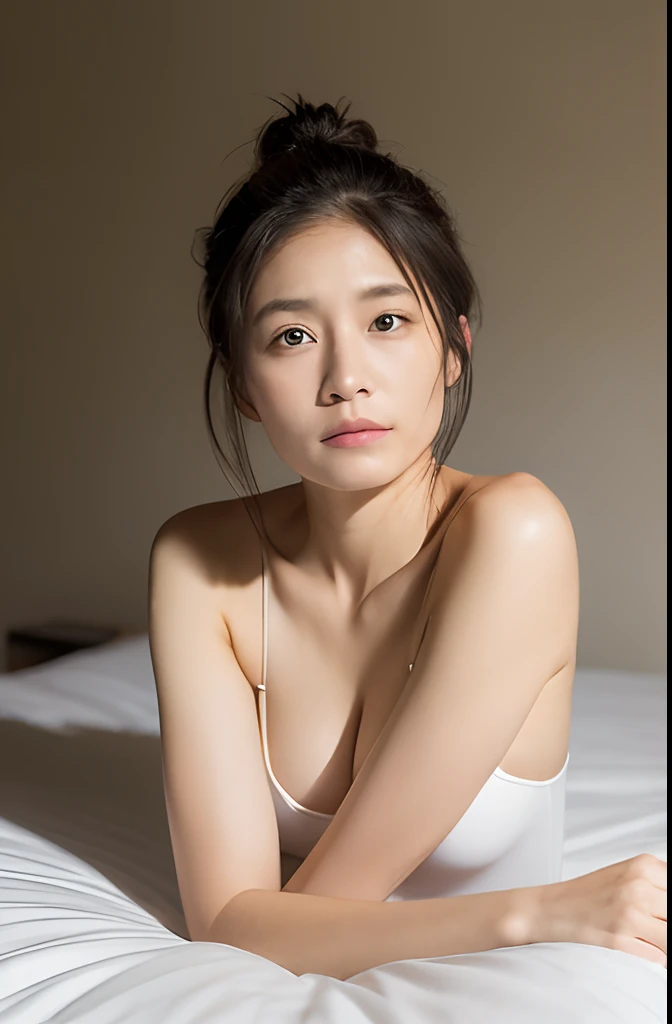 Female in her 30s、One bun hair, Face without makeup, silky white skin, on the beds、Wearing a white camisole、arms folded, Studio Lighting