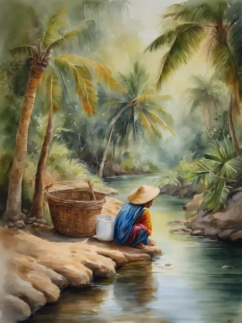 Scenery of old Southeast Asia、Woman bending down to do laundry in the shallow part of a creek、Palm palm、banana trees、masterpiece, best quality, 4k, 8k, realistic、photo realistic、RAW, photo、photography, perfect anatomy