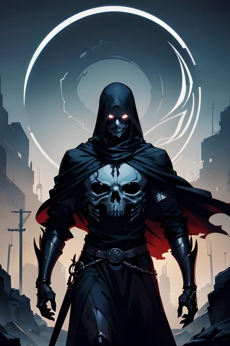 Personagem masculino "Death", manto, foice, Face with shadowy mask, olhos vermelhos, Manto preto, morte, rosto sinistro, Detalhes na cor roxa e preta, skeletal hands, magia, Black steel skeletal armor. Manto, capuz, robe, Scenery full of machines, tecnolog...