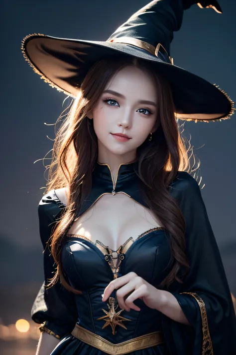 ((Best Quality, 8K, Masterpiece: 1.3)),Sharp: 1.2,Perfect Body Beauty: 1.4,cute girl,Highly detailed face and skin texture,detailed eyes,double eyelids,((fantasy)),((witch)),((circlet)),smile,wide shot,blue hour