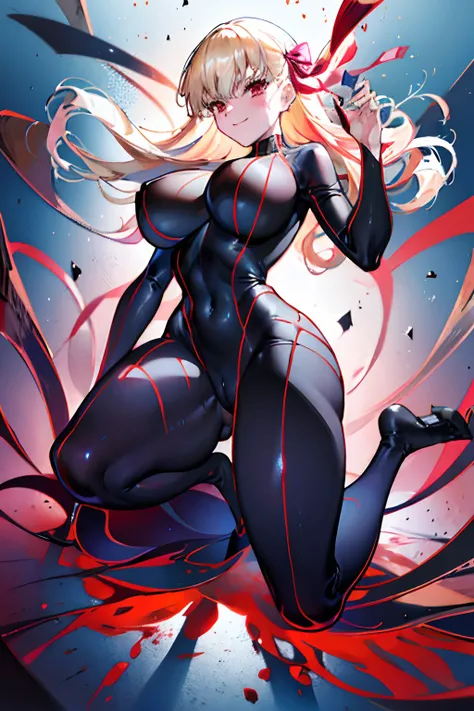 Anime style face　a blond　Black full body suit　Red lines all over the body　huge tit　Big ass　Whip thighs　bare-legged　seductiv　a smile　succubus　Stroking the buttocks