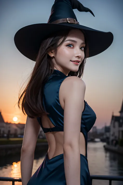 ((Best Quality, 8K, Masterpiece: 1.3)),Sharp: 1.2,Perfect Body Beauty: 1.4,cute girl,Highly detailed face and skin texture,detailed eyes,double eyelids,((fantasy)),((witch)),smile,back shot,blue hour