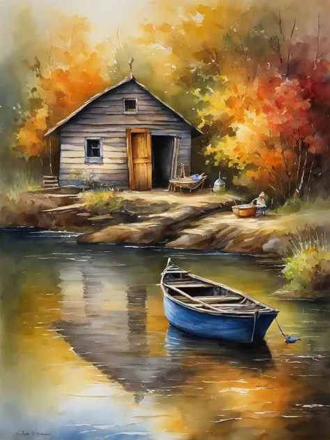 There are a old hut beside the river, a fishing boat near hut over the water, ducklings are swimming near the boat, flowers are blooming beside the hut, an old man smoke and sitting in front of the hut.