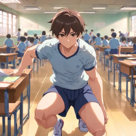 younge boy, Short-sleeved school uniform for male students，Swollen muscles，junior school student，adolable，Handsome，Show a strong body in an empty classroom, Sharply defined、fine muscles,sweat shorts，deltoids，Biceps，chest muscle，Abs，trapezius muscle，Latissi...