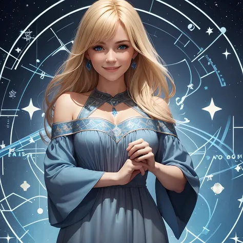 a picture for an instagram post. Leave a place under the inscription. a blonde Russian woman in a blue dress. smiling. zodiac symbols. gray-blue tones