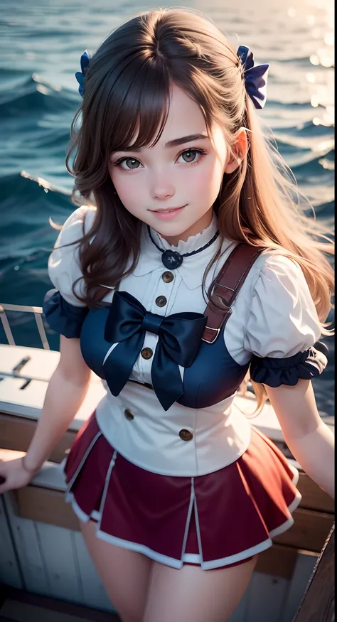 portrait photo from above of an 18 year old girl as pretty as in a fairy tale, wearing a modern short skirt, smiling brightly, standing next to the bow of a ship at sea