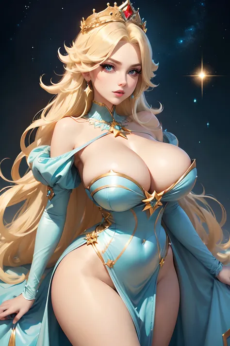 ((Princess Rosalina from super mario bros series))(she has big glowing blue eyes)(bright red lips) ((long blonde peekaboo hairstyle))(((hair hide one eye)))(dark eyeshadows make up)((very huge breasts)) (perfect slim body) ((wear aquamarine dress, gold cro...