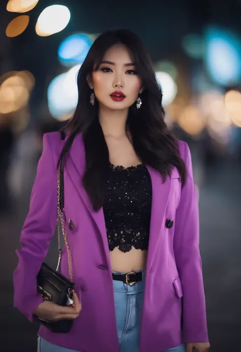 hot Beautiful Korean girl with big boobs and black hair and high ponytail and bangs and blue eyes and juicy lips and purple jacket and light blue jeans pants and and white string bra and white bag and white shoes and purple earrings and neon purple and bla...