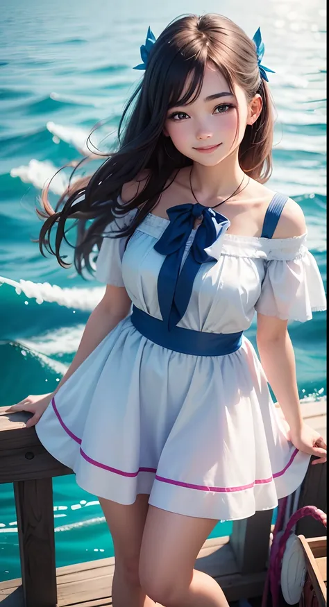 Full portrait photo from above of an 18 year old girl as pretty as in a fairy tale, wearing a modern, cool short dress, smiling brightly, standing next to the bow of the ship on the clear blue sea