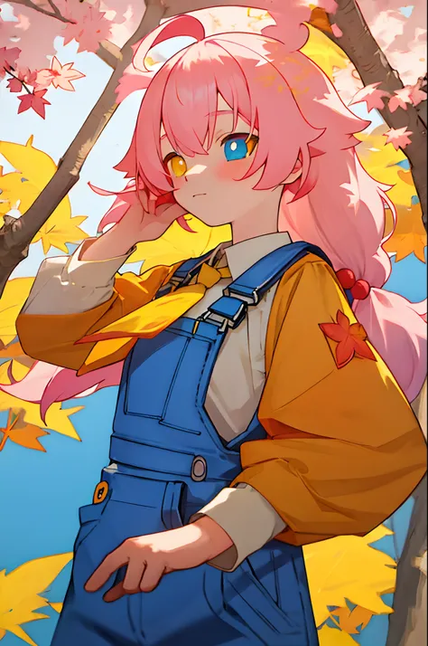 bit girl，blue and white overalls，adolable，autumnal，a yellow tie，maple leaves，heterochromic pupils，sakura pink hair