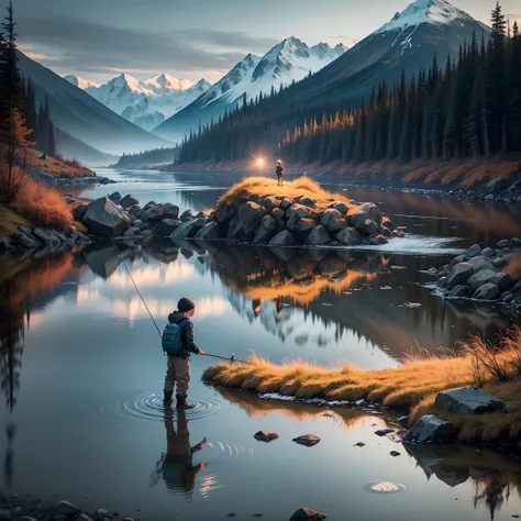 Capture a breathtaking moment in the Alaskan wilderness where a young boy is fishing for salmon by the river. Highlight the dramatic lighting and intense atmosphere, showcasing the boys determination and the sparkling water reflecting the vibrant colors of...