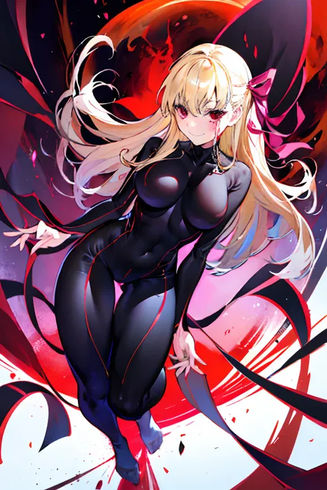 Anime style face　a blond　Black full body suit　Red lines all over the body　huge tit　Big ass　Whip thighs　bare-legged　seductiv　a smile　succubus　Facing backwards