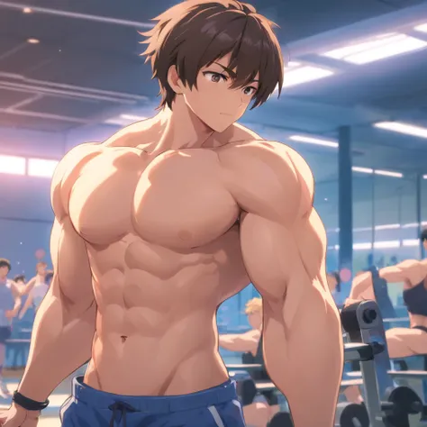 ripped，swole,，younge boy, Short-sleeved school uniform for boys，Swollen muscles，junior school student，adolable，Handsome，Show a strong body in an empty classroom, Sharply defined、fine muscles,sweat shorts，deltoids，Biceps，chest muscle，Abs，trapezius muscle，La...