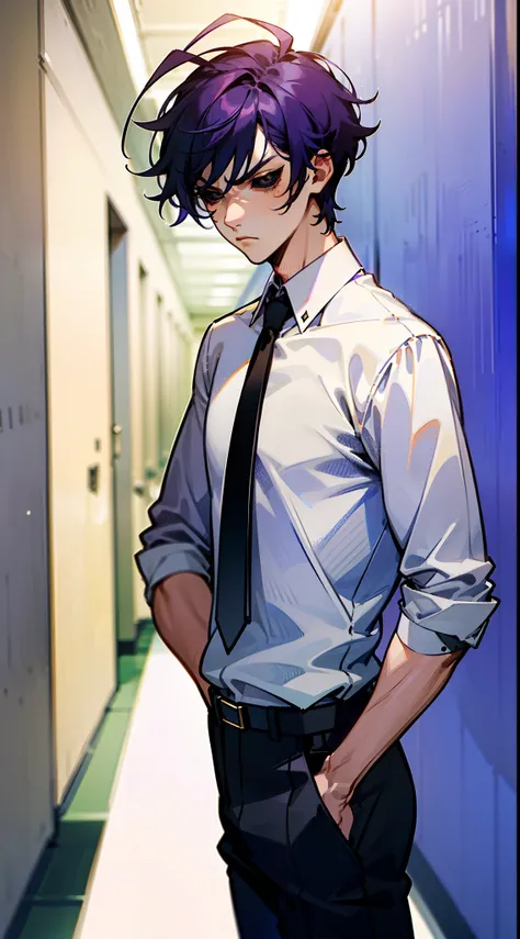 (Masterpiece, Best Quality),1boy,male character,male face,male body,tall,cowboy shot,(black eyes),black sclera,purple hair,short hair,(hair antennas),white shirt,black tie,black pants,((standing in a school hallway)),serious face