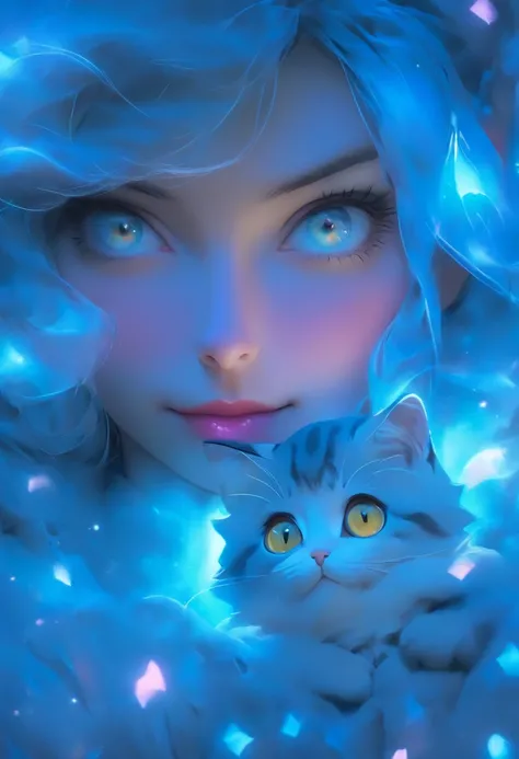 detail, Realism, 4K, Beautuful Women, facial detailing, Big blue eyes, Plump lips, Upturned nose, Purple hair and gray hair, Wearing a light blue dress, Cat in his hands, Blue moonlight background, White butterfly in the foreground, Realistic shooting, dep...