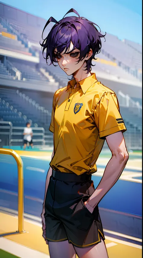 (Masterpiece, Best Quality),1boy,male character,male face,male body,tall,cowboy shot,(black eyes),black sclera,purple hair,short hair,(hair antennas),yellow shirt,black shorts,((standing in a school stadium)),serious face